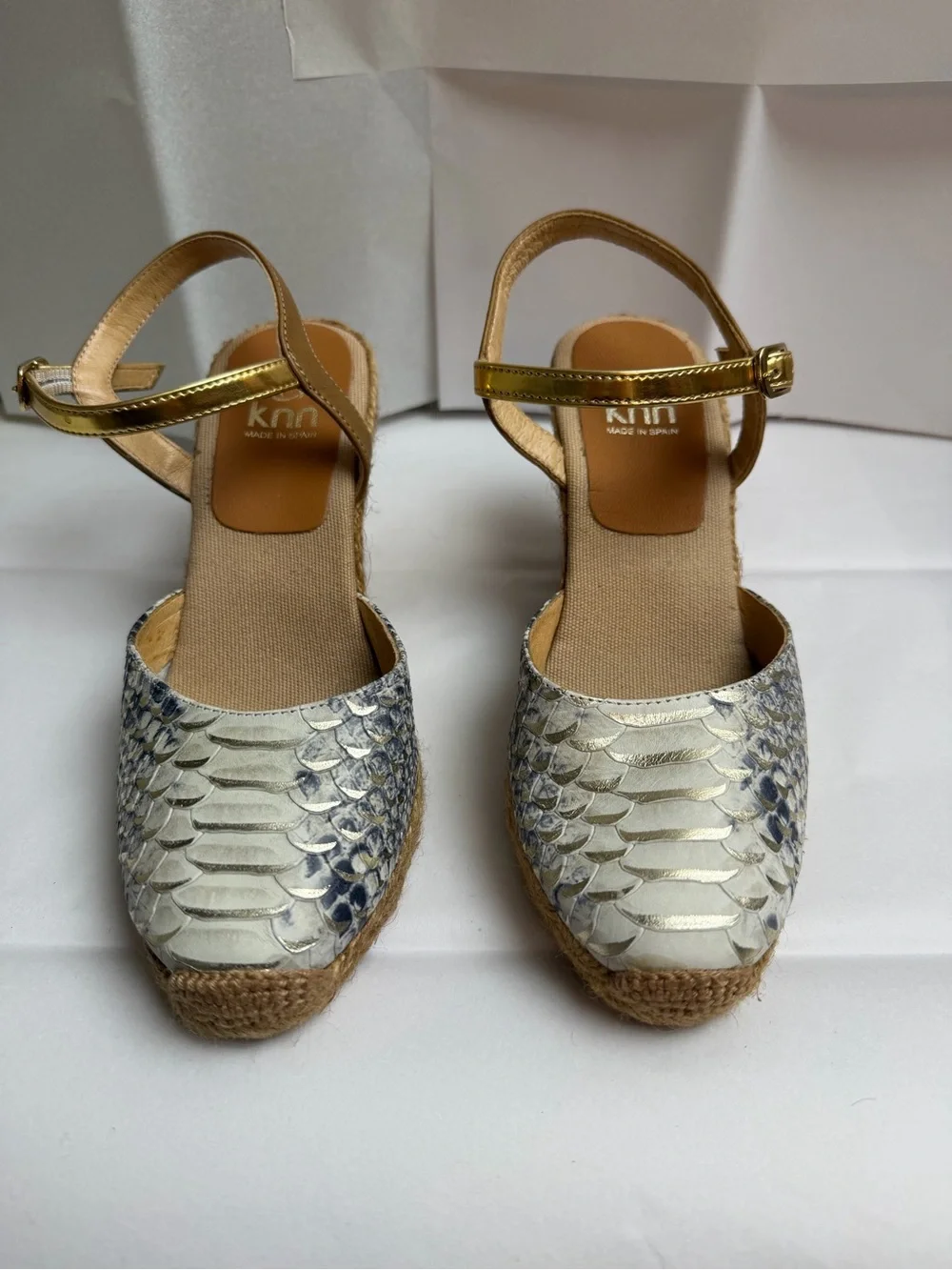 Metallic Gold Snake-Texture Espadrille Wedge Sandals with Ankle Strap